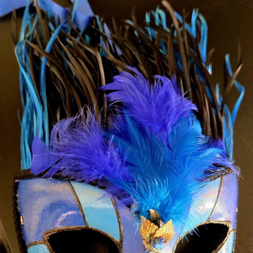 Blue and Black Feathered Masquerade Mask Cirque Du Soliel Erik Attia